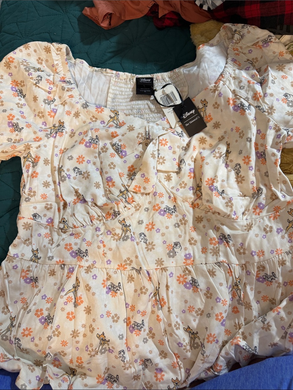 Disney Cream Bambi Floral Peasant Top with Orange & Purple Flowers